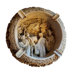Vintage 1950s Heavy Soapstone Flower and Asian Relief Interior Ashtray 8" round